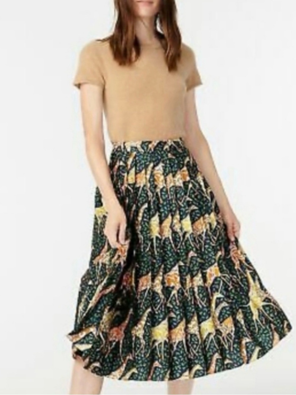 J. Crew Giraffe Print Pleated Midi Skirt in Navy, Brown & Yellow NWT Size 8 - Picture 3 of 9